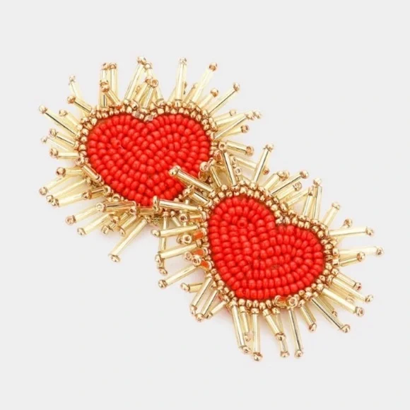 Felt Back Seed Beaded Heart Earrings in Red - Picture 1 of 7